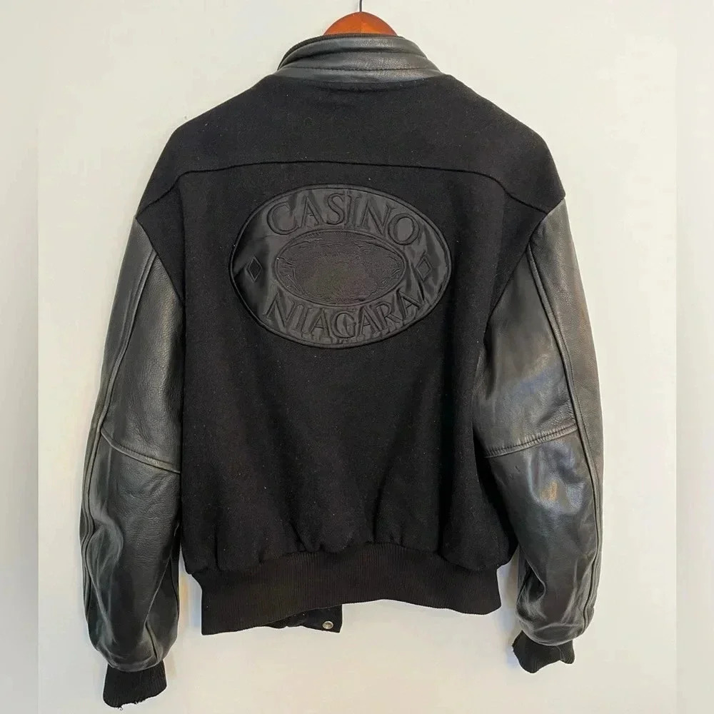 Vintage 90s Black Varsity Letterman Jacket Faux Leather Sleeves M - Picture 3 of 16